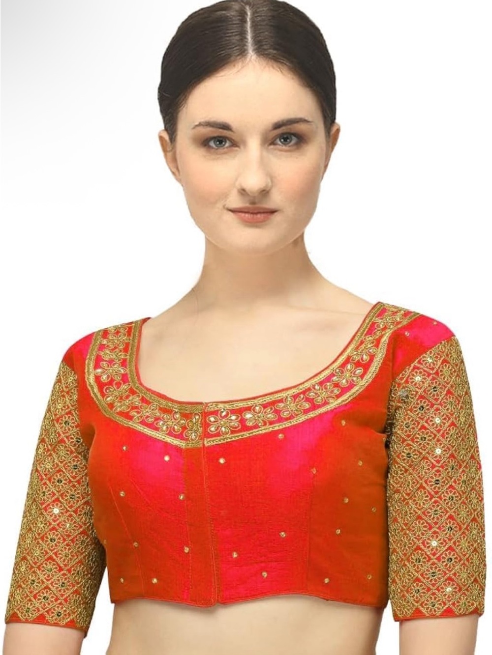 NWT Pujia Mills Red/Orange Gold Embroidered Saree Blouse Size 38